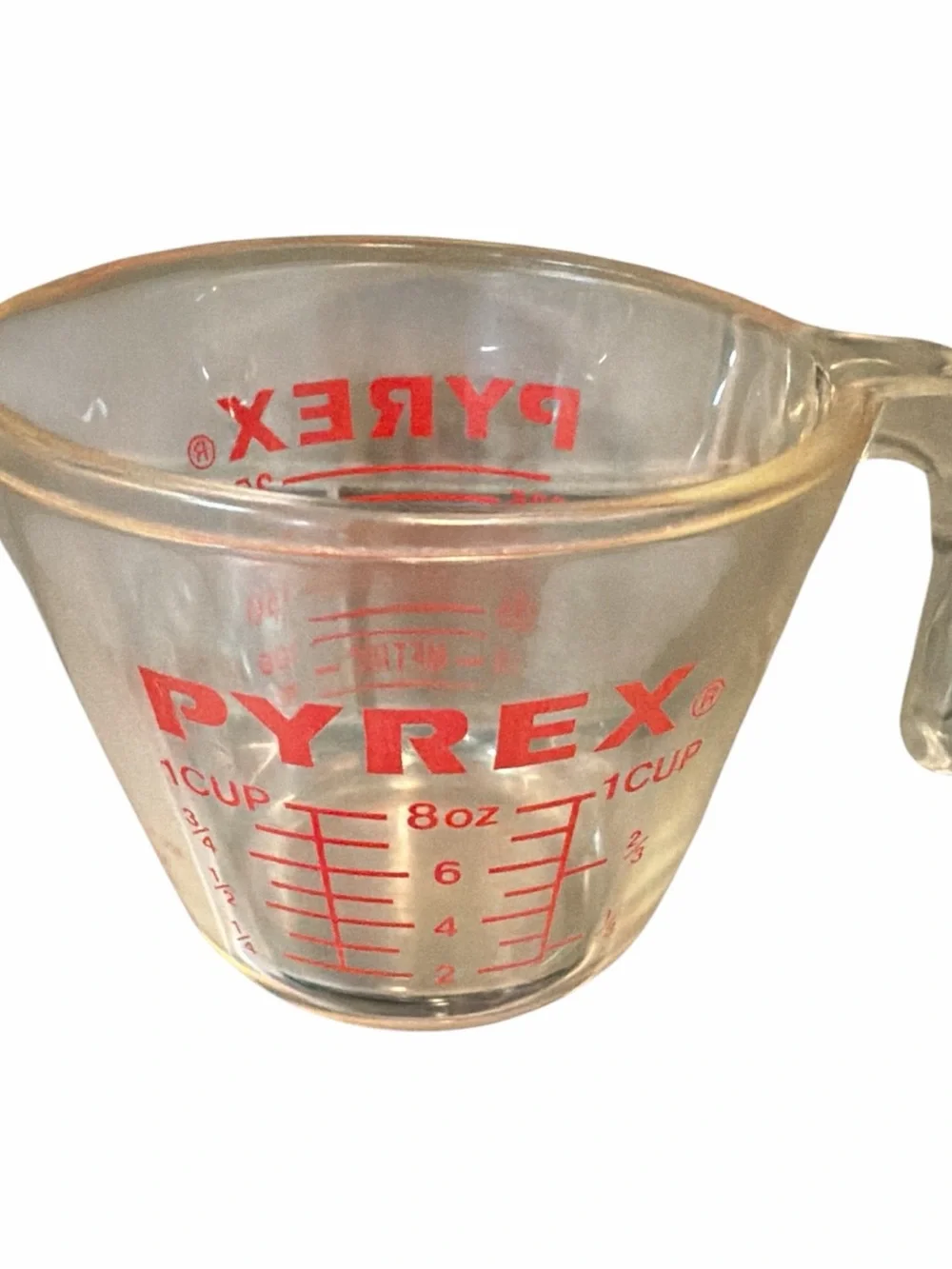 Vintage PYREX 508 borosilicate Glass 1-Cup Measuring Cup with Red Markings USA